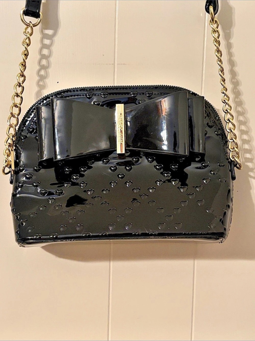 Betsey Johnson Black & Gold Patent Bow Crossbody Bag